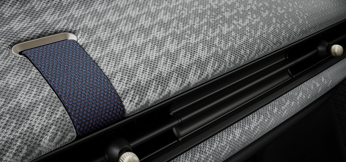 Close view of the 2D-knit dashboard inside of the MINI Cooper.